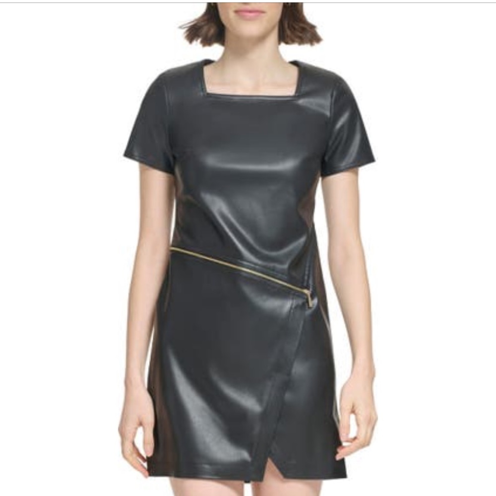 New Black Calvin Klein Faux leather pleather Dress Short Mini 6 Assymetrical